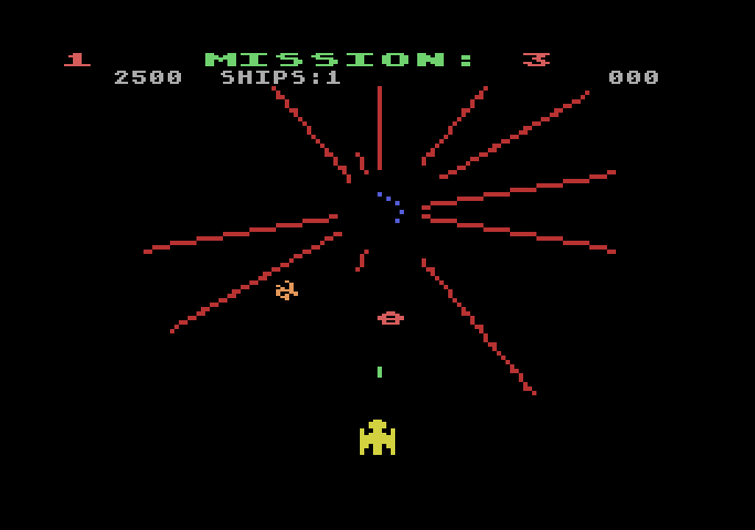 Gorf Atari 5200 Screenshot: Attacking a rapidly spiraling enemy...