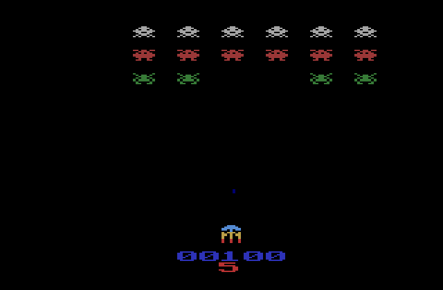Gorf Atari 2600 Screenshot: Game start; blasting aliens in the Space Invaders inspired section.