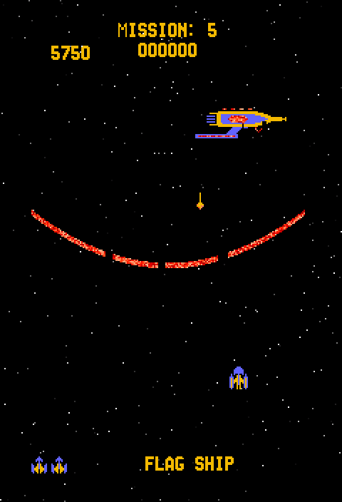 Gorf Arcade Screenshot: You need to shoot through the shield and hit the narrow opening on the ship.