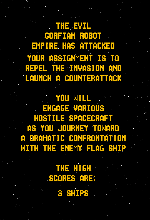 Gorf Arcade Screenshot: The story so far...