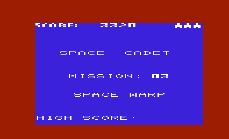 Gorf Commodore VIC-20 Screenshot: Time for mission 3, space warp...