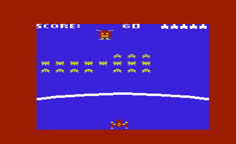 Gorf Commodore VIC-20 Screenshot: Game start; the invaders arrive!
