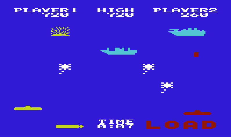 Sea Wolf Commodore VIC-20 Screenshot: Player one is in the lead...