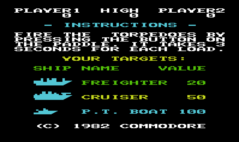 Sea Wolf Commodore VIC-20 Screenshot: Game instructions.