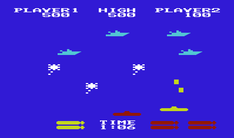 Sea Wolf Commodore VIC-20 Screenshot: A fleet of small boats quickly passes by.