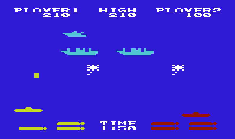 Sea Wolf Commodore VIC-20 Screenshot: The smaller boats move faster but are worth more points.