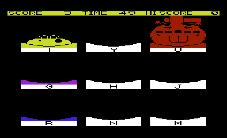 Mole Attack Commodore VIC-20 Screenshot: A successful hit in the upper right...