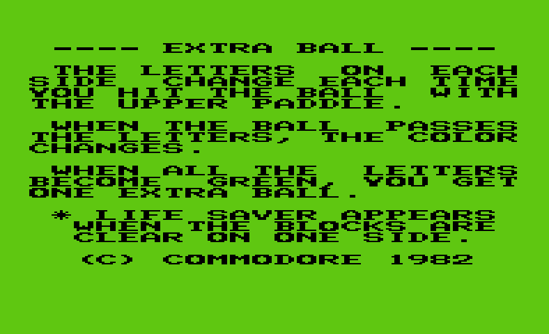 Pinball Spectacular Commodore VIC-20 Screenshot: The end of the game instructions.
