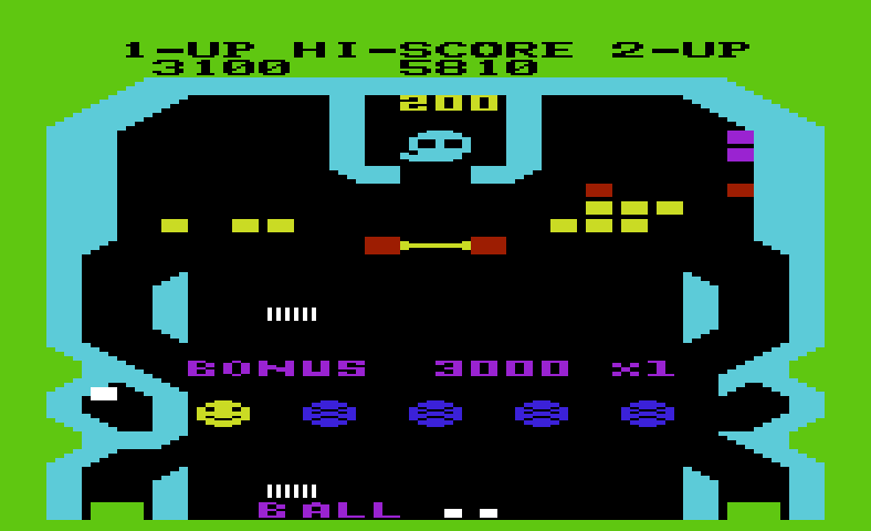 Pinball Spectacular Commodore VIC-20 Screenshot: The ball is temporarily captured on the left of the screen.