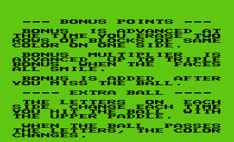 Pinball Spectacular Commodore VIC-20 Screenshot: Game instructions, continued.