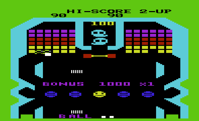 Pinball Spectacular Commodore VIC-20 Screenshot: Game start; destroying some bricks.