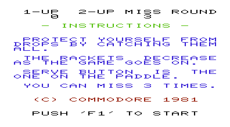 Sky is Falling, The Commodore VIC-20 Screenshot: Game instructions.