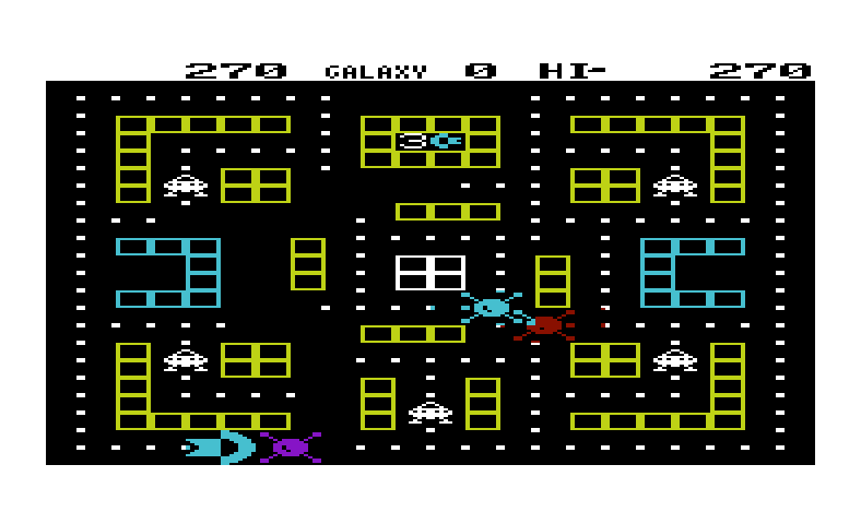 Cosmic Cruncher Commodore VIC-20 Screenshot: Gameplay; the Commodore logo runs from an opponent.