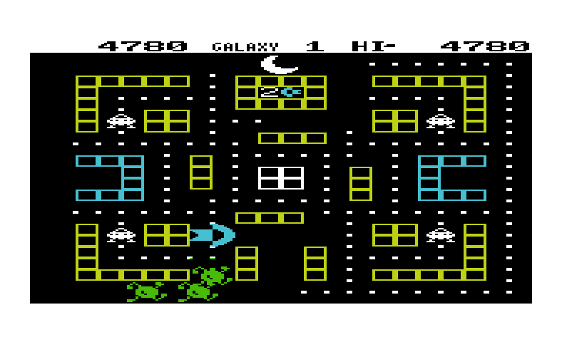 Cosmic Cruncher Commodore VIC-20 Screenshot: Eat the moon at the top of the screen for bonus points.