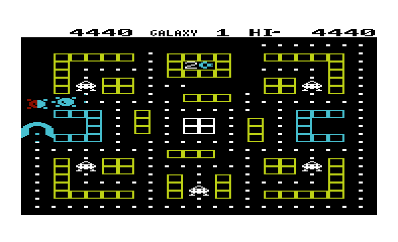 Cosmic Cruncher Commodore VIC-20 Screenshot: The blue bricks are portals from one side of the screen to the other.