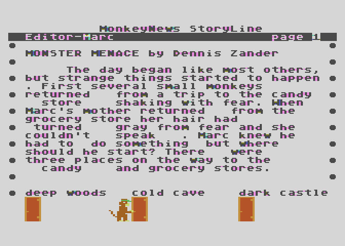 Monkeynews Atari 8-bit Screenshot: A Monkeynews storyline...