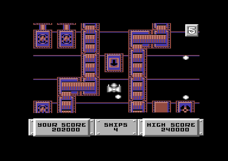 Bulldog Commodore 64 Screenshot: Collecting the down arrow will make the screen scroll backwards temporarily.