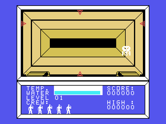 Moon Mine TI-99/4A Screenshot: Gameplay; here comes a monster!