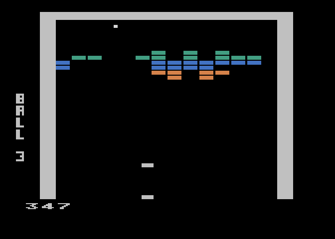 Super Breakout Atari 5200 Screenshot: After the ball hits the top of the screen, your paddles are reduced in size.