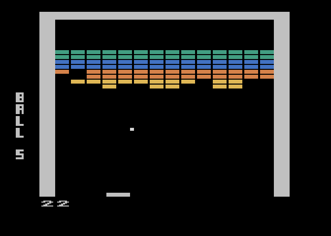 Super Breakout Atari 5200 Screenshot: A game of Breakout in progress.