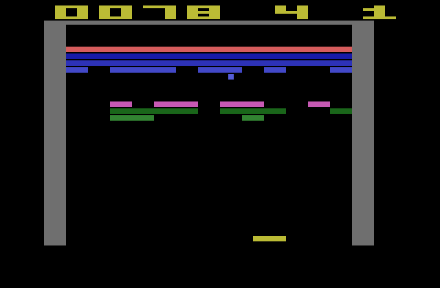 Super Breakout Atari 2600 Screenshot: The ball speeds up after hitting the blue bricks.