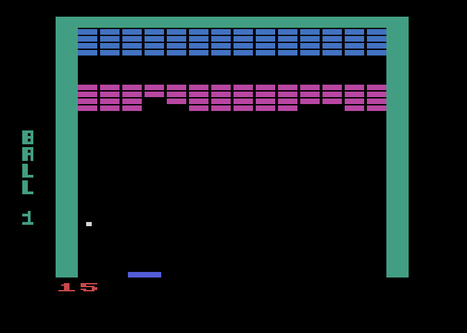 Super Breakout Atari 8-bit Screenshot: Starting a game of progressive breakout.