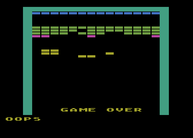 Super Breakout Atari 8-bit Screenshot: Game over.
