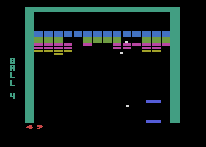 Super Breakout Atari 8-bit Screenshot: A second ball has been released...