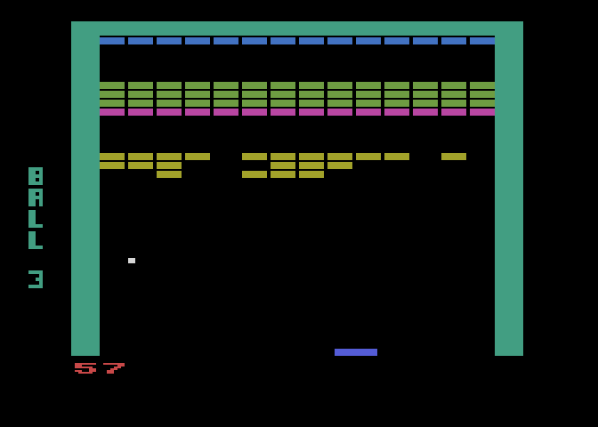 Super Breakout Atari 8-bit Screenshot: The bricks move towards the bottom of the screen in progressive breakout.