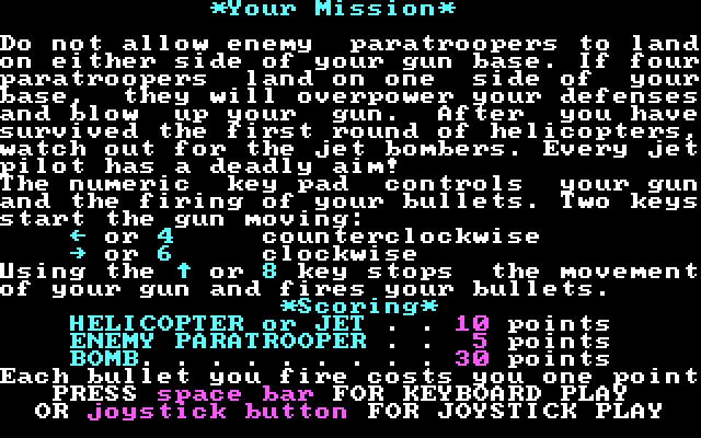 Paratrooper IBM PC/Compatibles Screenshot: Game instructions.