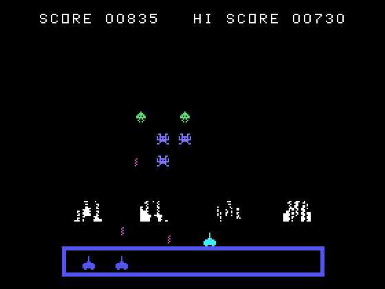 TI Invaders TI-99/4A Screenshot: The invaders move faster when there are only a few left.