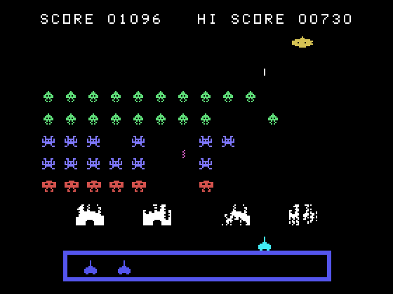TI Invaders TI-99/4A Screenshot: Shoot the saucer for bonus points.
