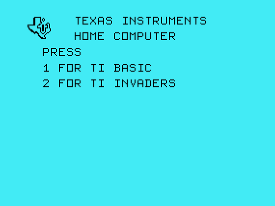 TI Invaders TI-99/4A Screenshot: TI-99/4A main menu.
