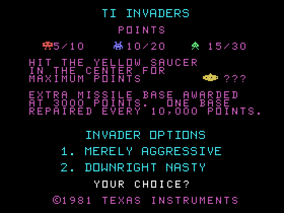 TI Invaders TI-99/4A Screenshot: TI Invaders title screen and main menu.