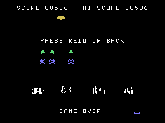 TI Invaders TI-99/4A Screenshot: Game over.