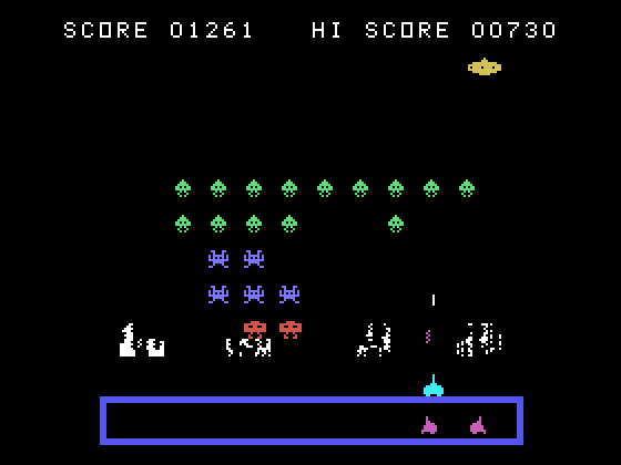 TI Invaders TI-99/4A Screenshot: Careful, the invaders have almost landed!