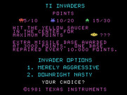 TI Invaders for TI-99/4A - TI Invaders title screen and main menu.