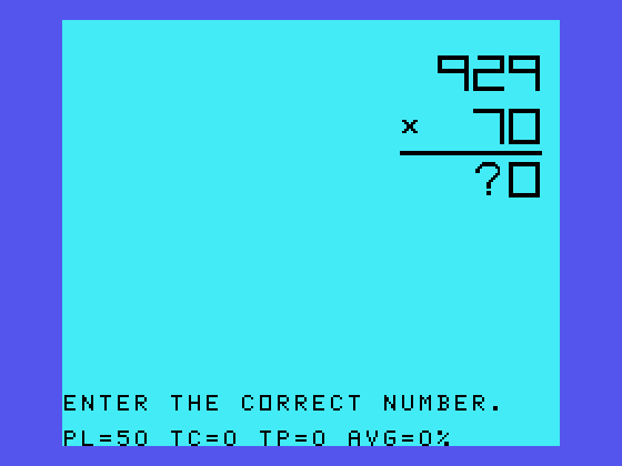 Milliken Math Sequences: Multiplication TI-99/4A Screenshot: Enter the next digit for this problem.