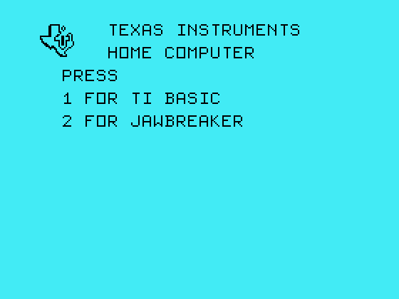 Jawbreaker II TI-99/4A Screenshot: TI-99/4A main menu.