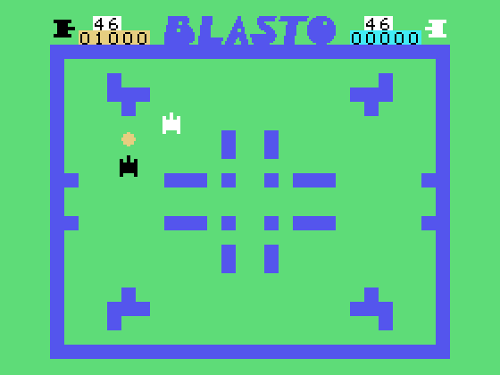Blasto TI-99/4A Screenshot: The black tank fires and misses!