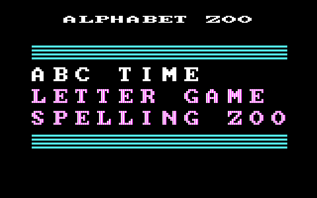 Alphabet Zoo IBM PC/Compatibles Screenshot: The main menu.