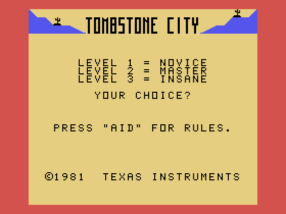 Tombstone City: 21st Century TI-99/4A Screenshot: Title screen.