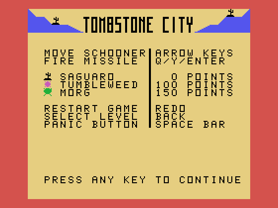 Tombstone City: 21st Century TI-99/4A Screenshot: Game help screen.