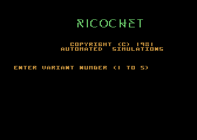 Ricochet Atari 8-bit Screenshot: Title screen.