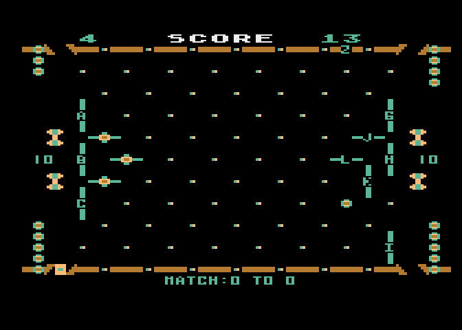 Ricochet Atari 8-bit Screenshot: The ball ricochets around the playfield.