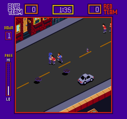 Street Football Arcade Screenshot: Watch out for cars interrupting the game...