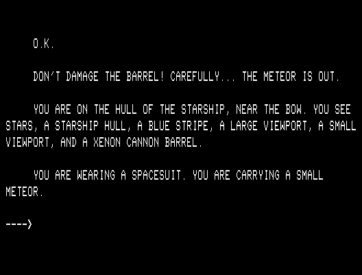G.F.S. Sorceress TRS-80 Screenshot: Unblocking the cannon, carefully!