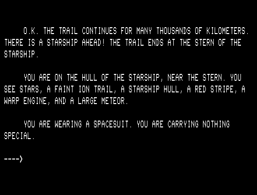 G.F.S. Sorceress TRS-80 Screenshot: Following a trail, and arriving at a starship...