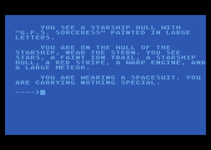 G.F.S. Sorceress Atari 8-bit Screenshot: Examining the ship I see it is the G.F.S. Sorceress...