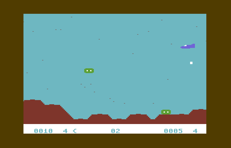 Moon Patrol Commodore 64 Screenshot: On more difficult levels the flying saucers fire at you after they land.